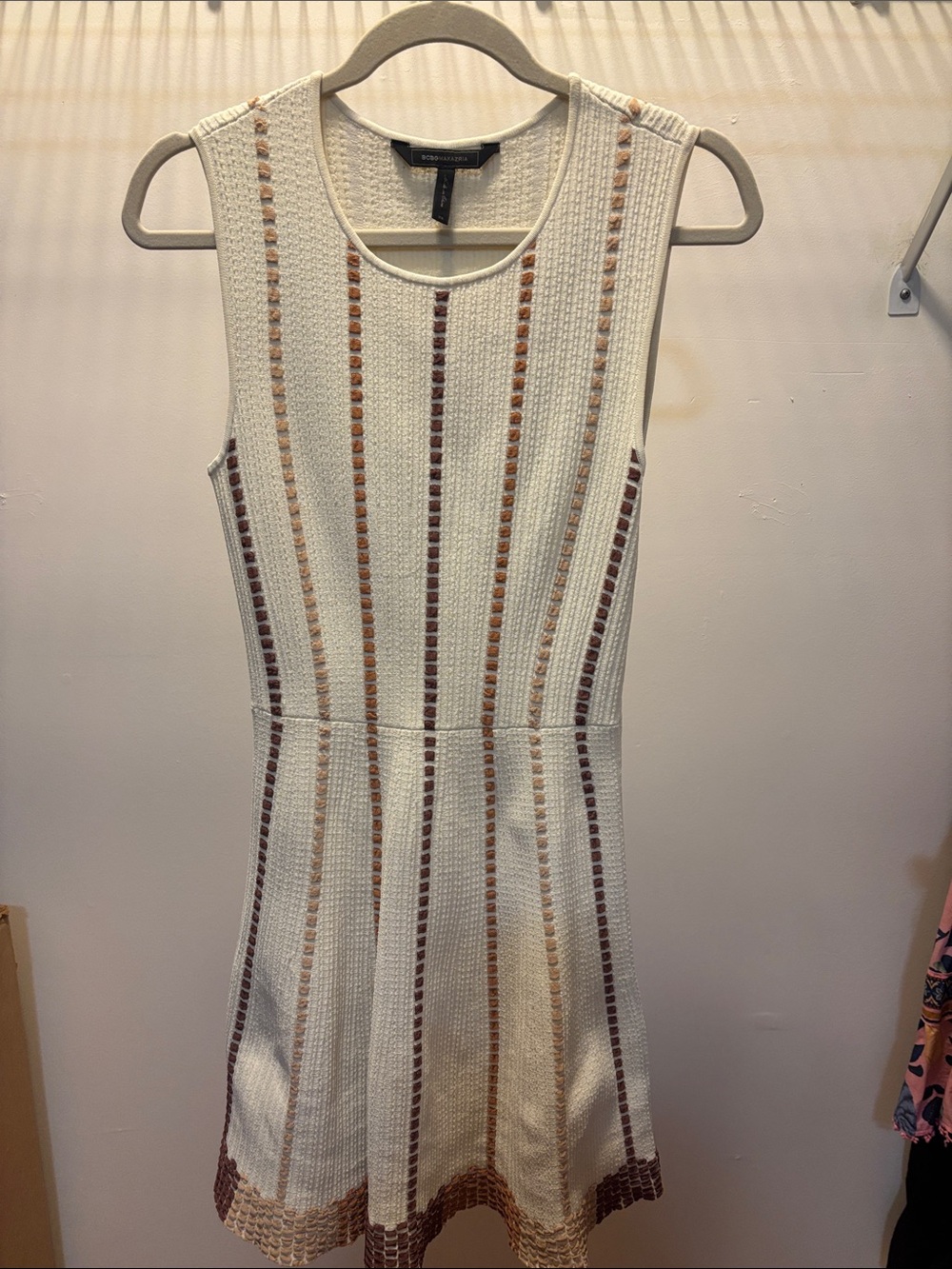 BCBGMaxAzria Cream Knit Mini Dress with Brown and Tan Stripes